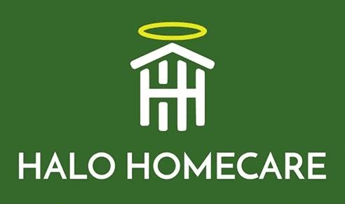 Logo with a halo and house symbol on green background.