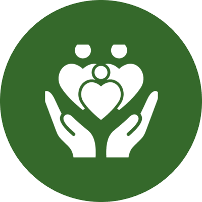 Hands holding hearts and family symbols icon.
