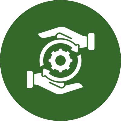 Hands holding gear with circular arrows.